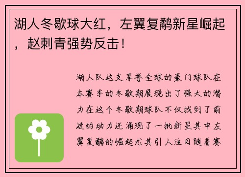 湖人冬歇球大红，左翼复鹬新星崛起，赵刺青强势反击！